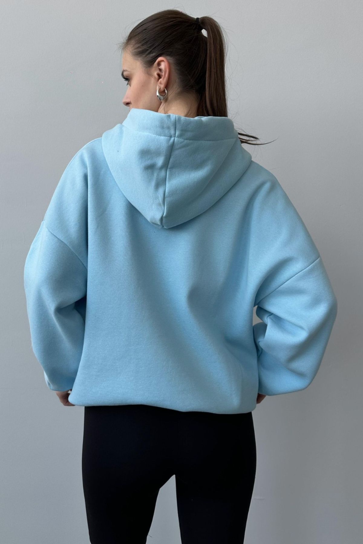 Kadın Üç İplik Şardonlu Oversize Kapüşonlu Mavi Sweatshirt